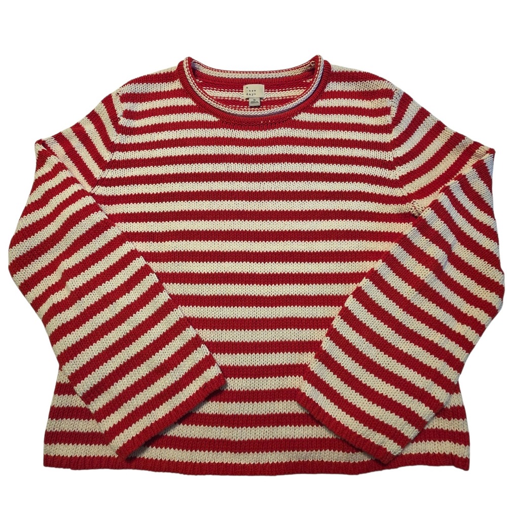 A New Day Sweater Womens M Red White Striped Cotton Shaker Knit Pullover